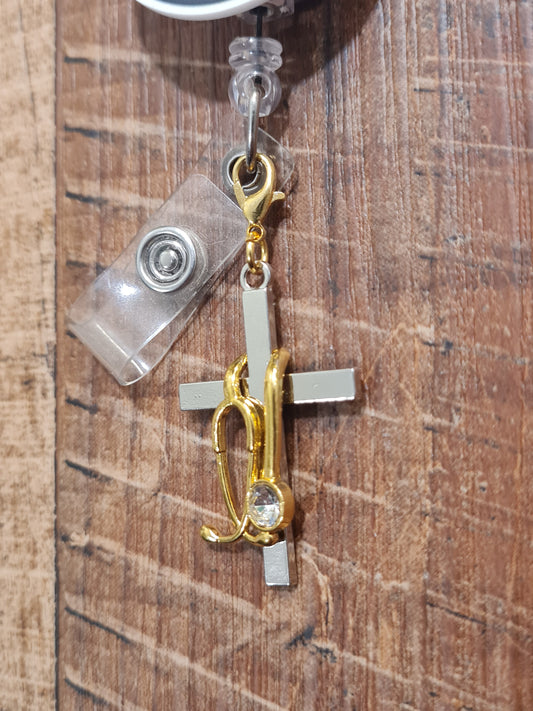 Cross with Stethoscope ~ ID Badge Reel Charm ~ Custom Made Charms ~ Badge Buddy ~ Badge Accessories ~ Medical Cross ~ Healthcare Cross ~ Medical Cross ID Badge Reel Charm - Healthcare Professional Lanyard Flair for Nurses, EMTs, and Doctors