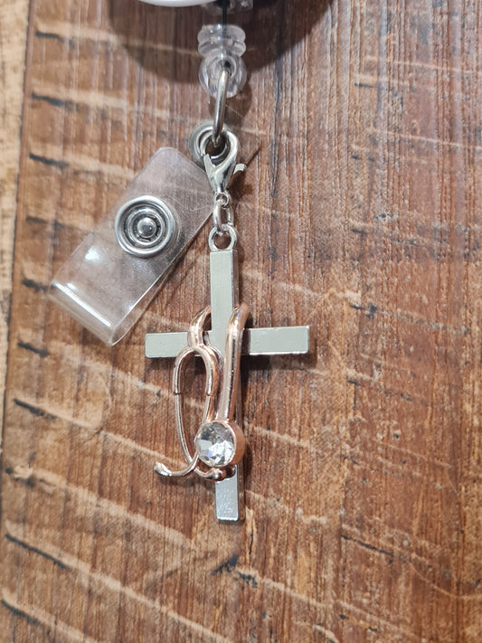 Cross with Stethoscope ~ ID Badge Reel Charm ~ Custom Made Charms ~ Badge Buddy ~ Badge Accessories ~ Medical Cross ~ Healthcare Cross ~ Medical Cross ID Badge Reel Charm - Healthcare Professional Lanyard Flair for Nurses, EMTs, and Doctors