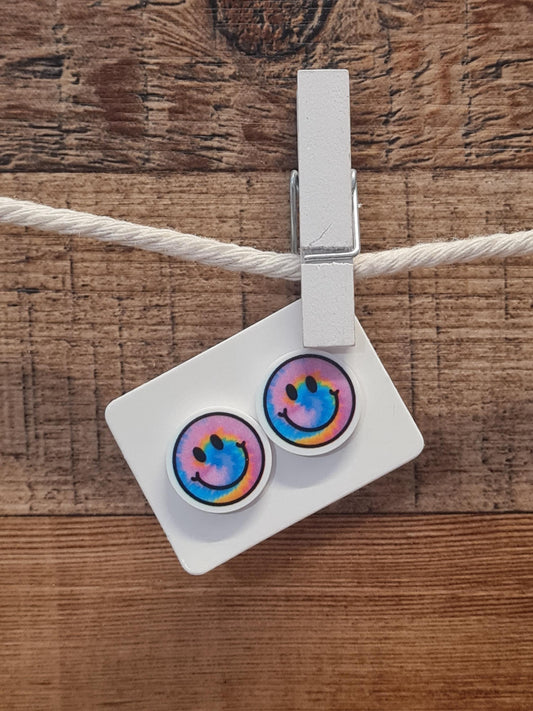 Tie Dye Earrings ~ Fun Earrings ~ Post Earrings ~ Smiley Face Earrings ~ Hippie Earrings ~ Cute Earrings ~ Smiley Face