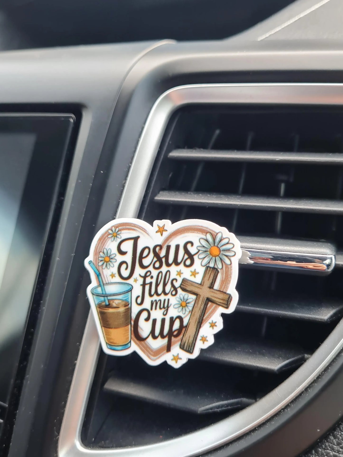 "Jesus Fills My Cup" Car Air Freshener - Christian Essential Oil Diffuser with Cross and Coffee Cup Design