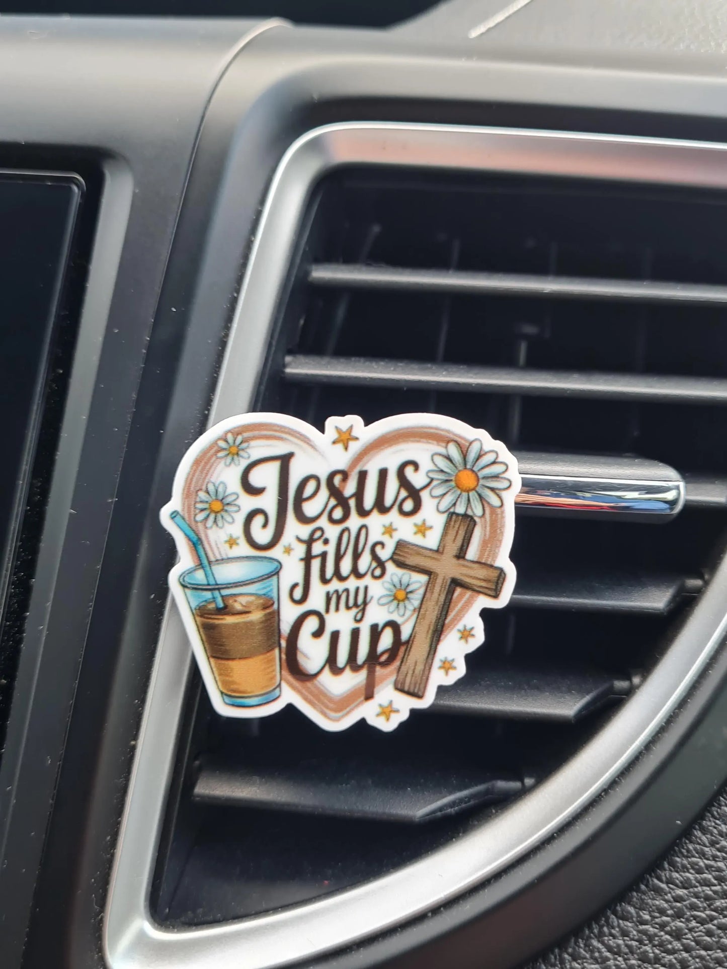 "Jesus Fills My Cup" Car Air Freshener - Christian Essential Oil Diffuser with Cross and Coffee Cup Design