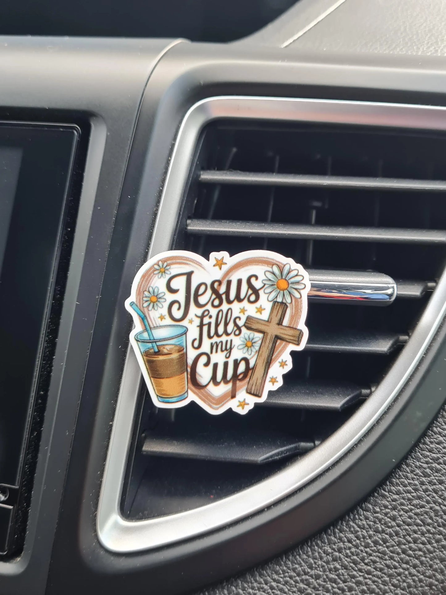 "Jesus Fills My Cup" Car Air Freshener - Christian Essential Oil Diffuser with Cross and Coffee Cup Design